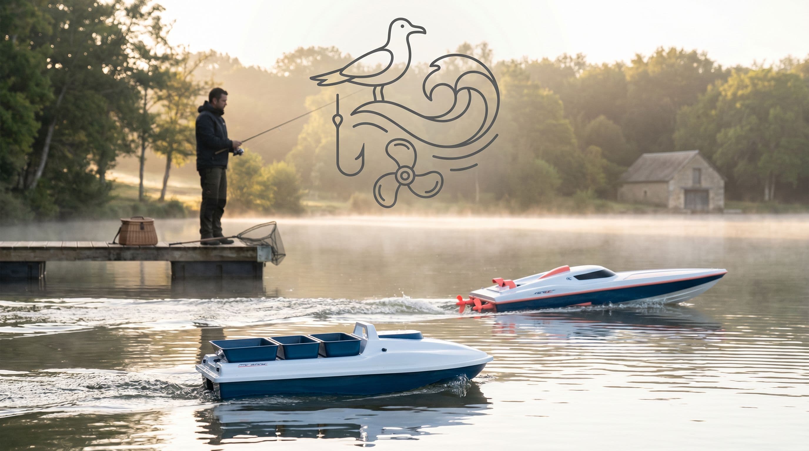 Bateau d'amorçage en mouvement sur un étang à la tombée du jour, France
